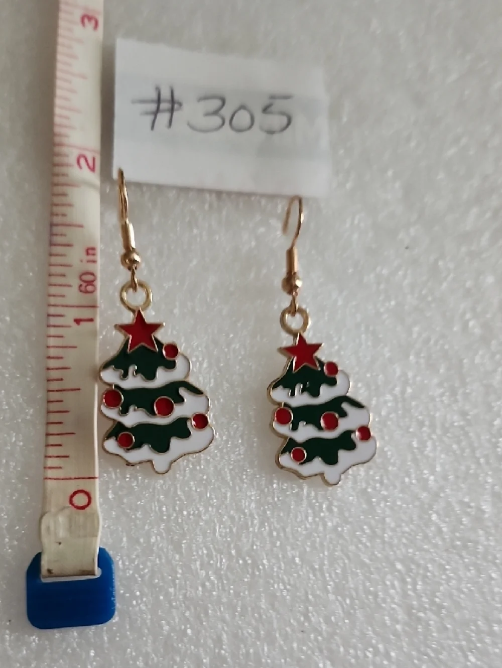 Hand Crafted Green and White Christmas Tree Earrings with Red Accents
